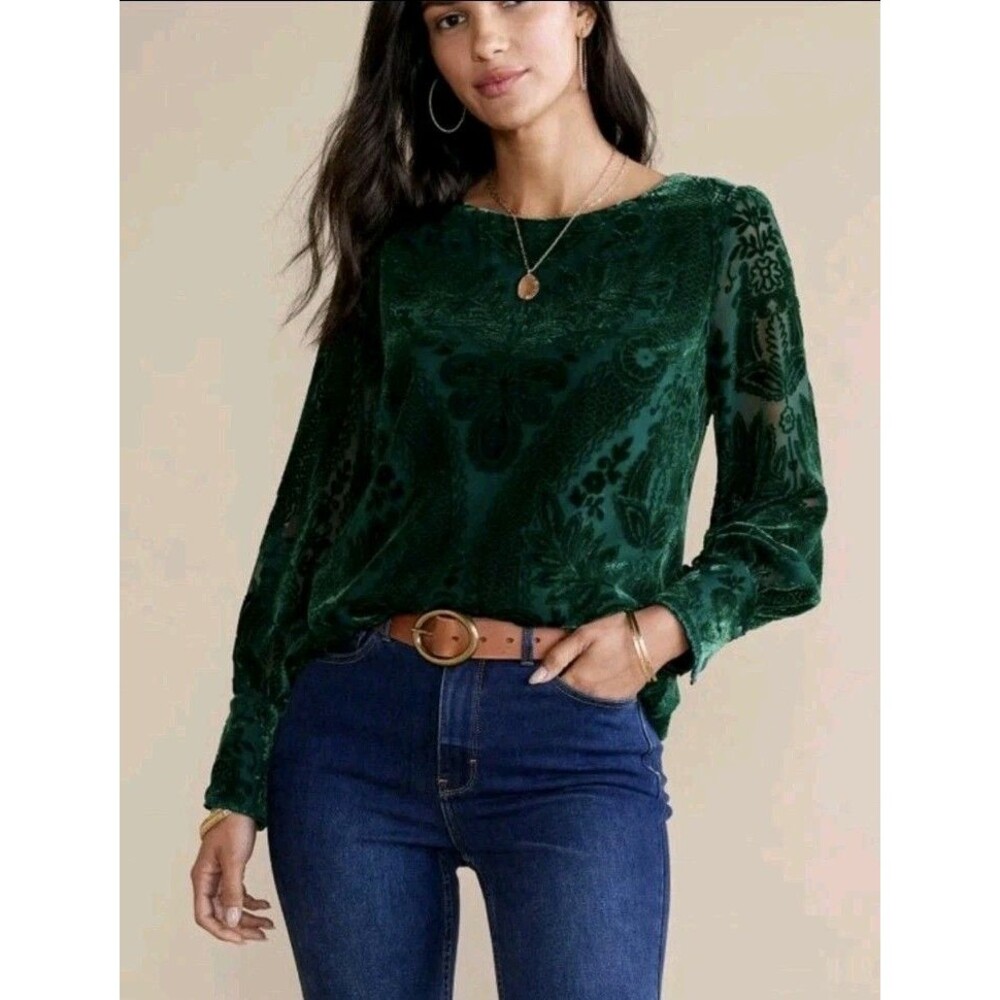 NWT Soft Surroundings Vanetta Blouse Jewel Green Velvet Floral Long Sleeve PL